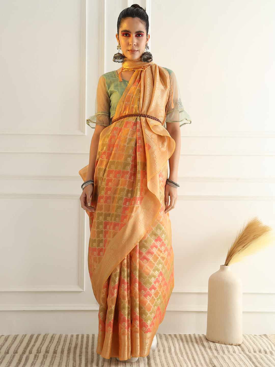 Banarasi Chanderi Saree with Multi Color Ombre style Resham Motifs