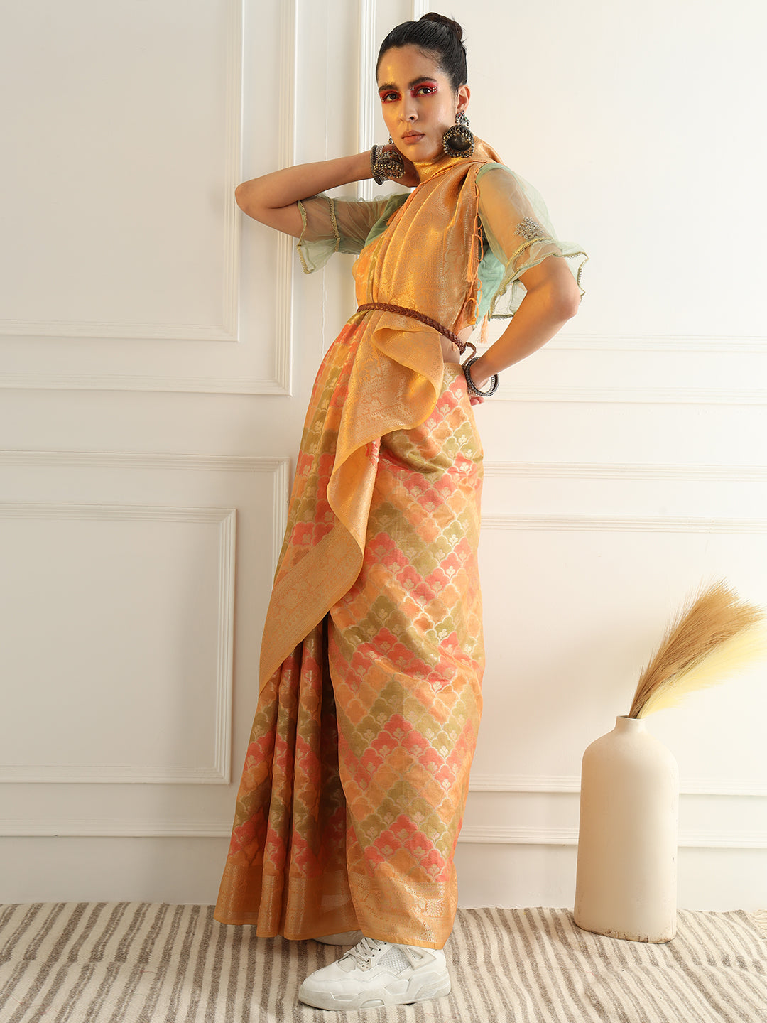 Banarasi Chanderi Saree with Multi Color Ombre style Resham Motifs