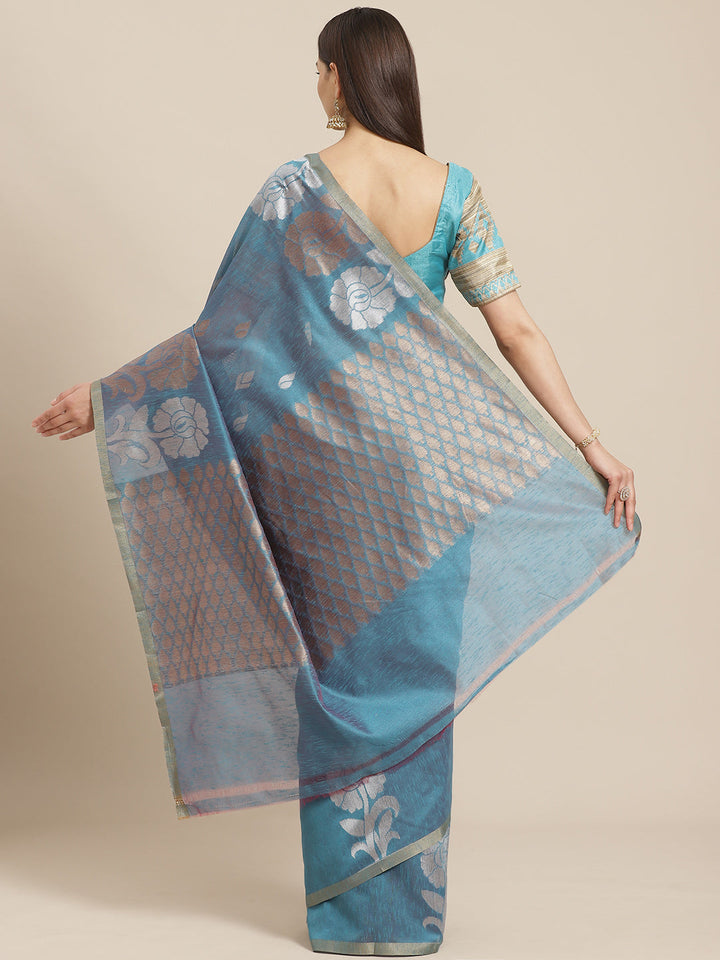 Banarasi Heritage Jute Silk Saree with Gold, Silver Floral Motifs And matching Gold Belt