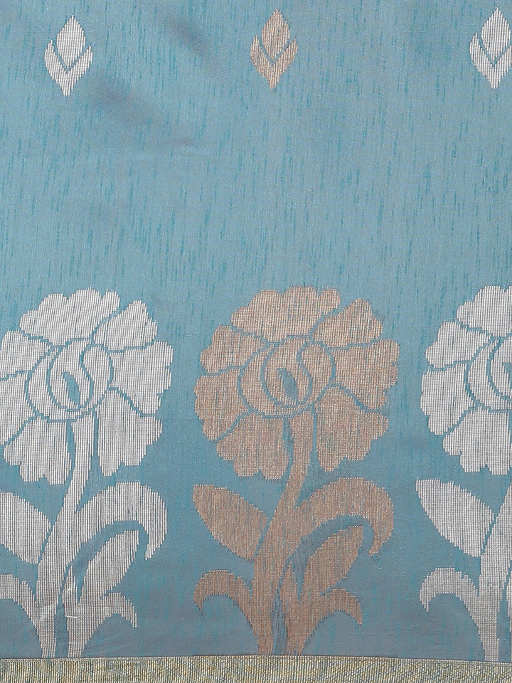 Banarasi Heritage Jute Silk Saree with Gold, Silver Floral Motifs And matching Gold Belt