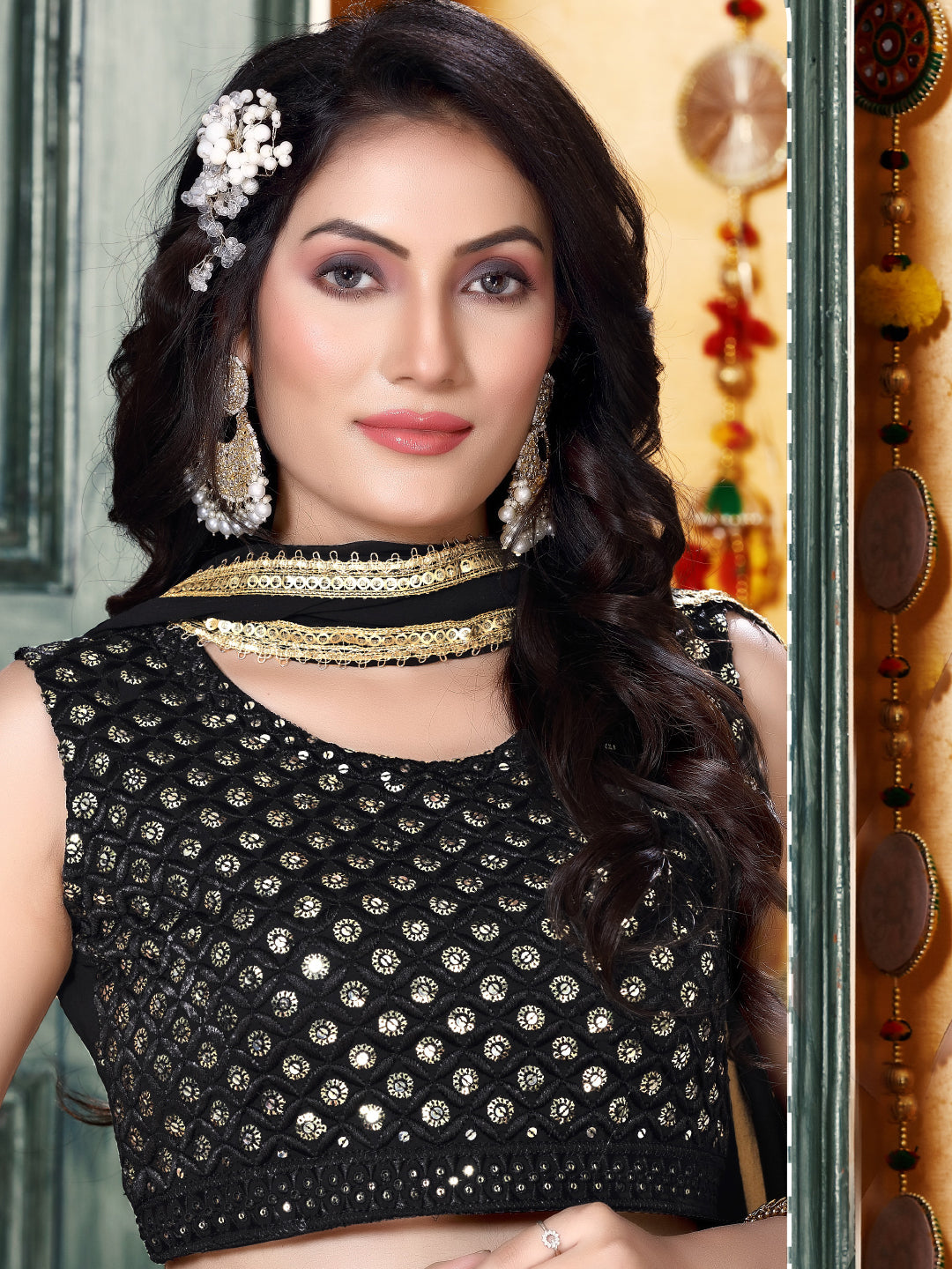 Black Sequin Embellished Flared Lehenga Choli Dupatta Set with Pleats