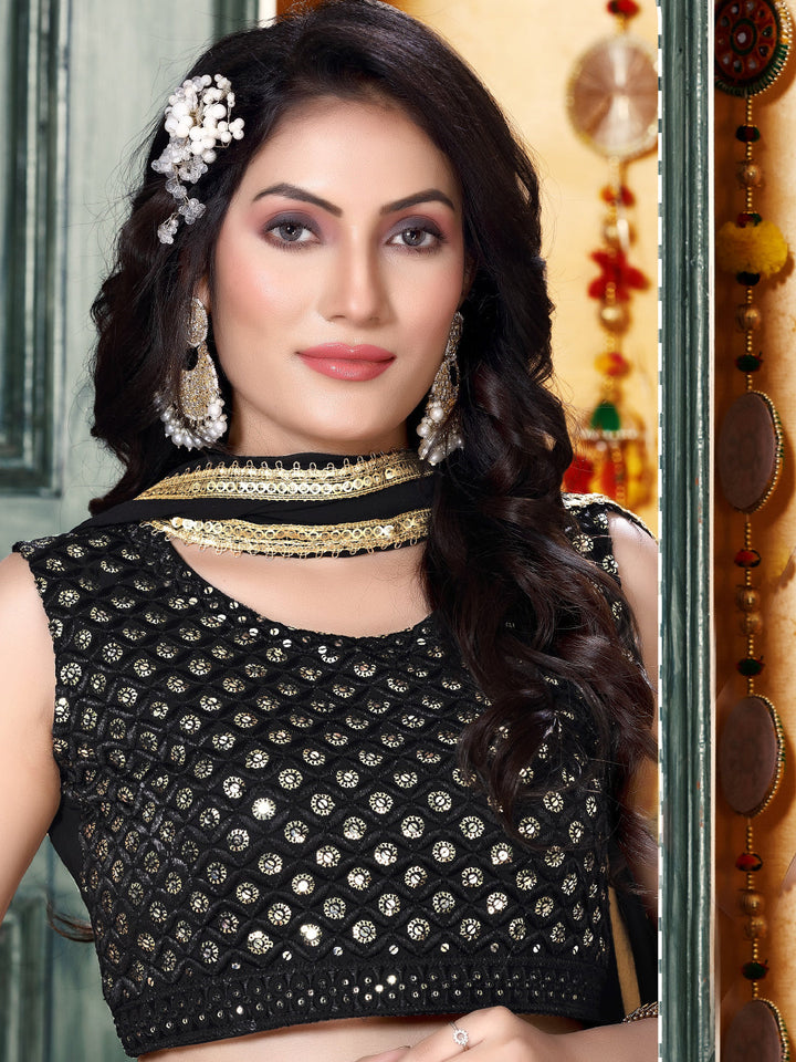 Black Sequin Embellished Flared Lehenga Choli Dupatta Set with Pleats