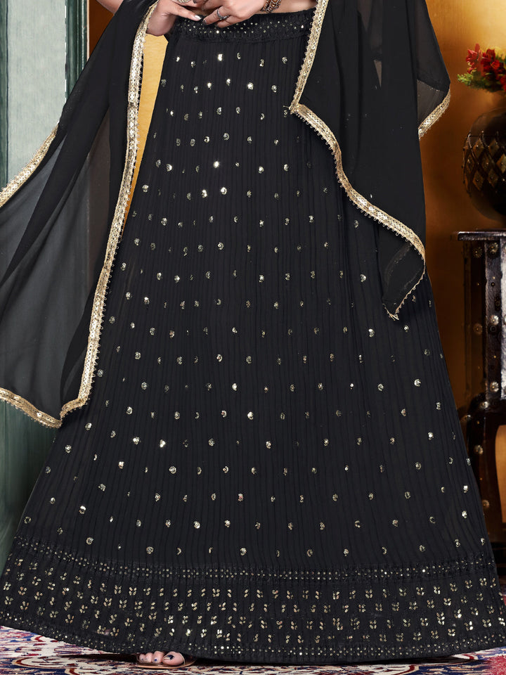 Black Sequin Embellished Flared Lehenga Choli Dupatta Set with Pleats