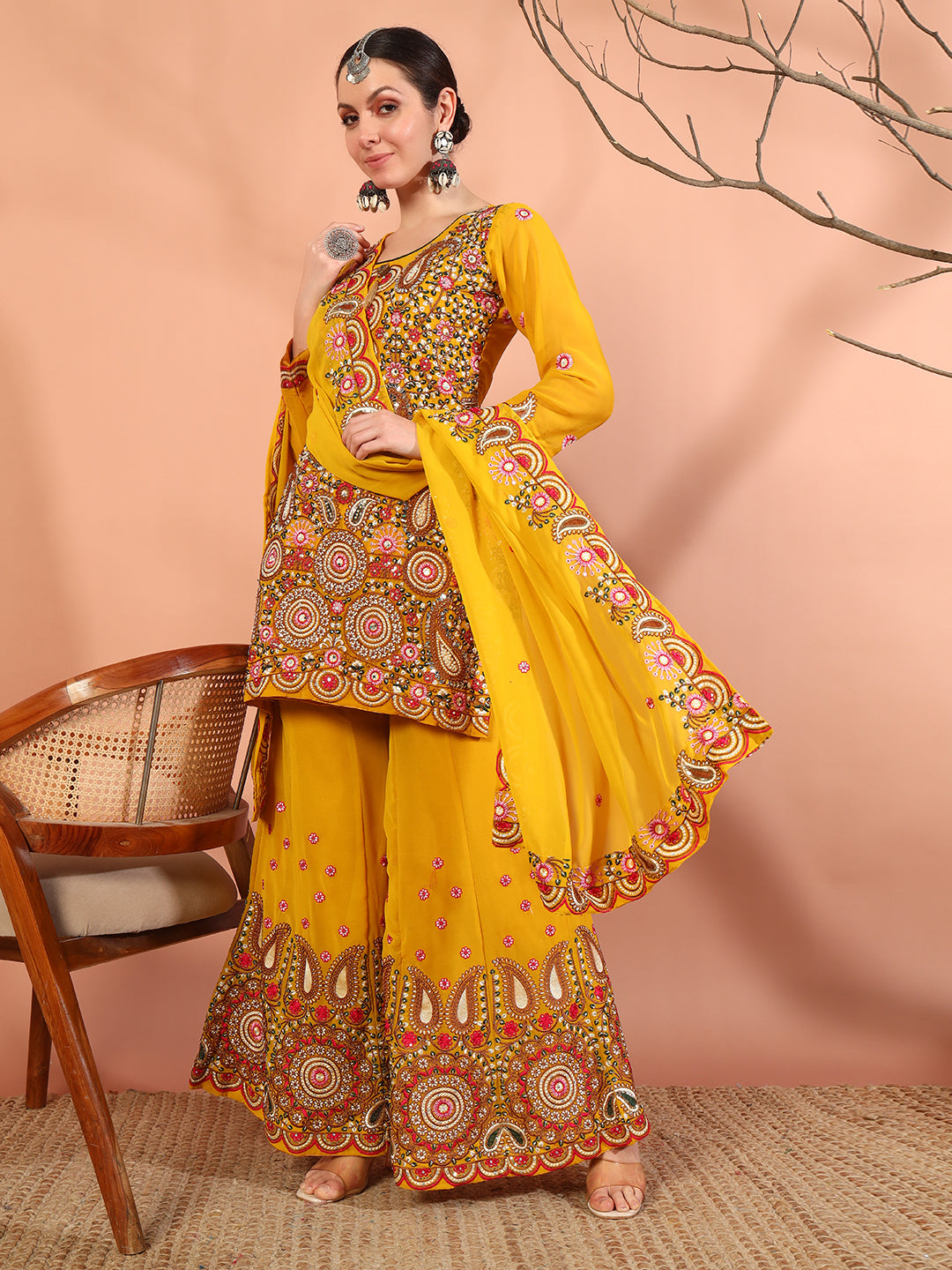 Chhabra 555 Mustard Multi Color Thread & Mirror Embroidery Kurta Palazzo Set & Embellished Dupatta