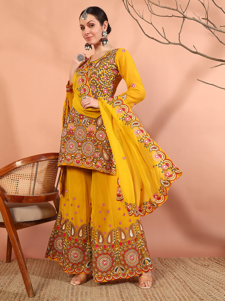 Chhabra 555 Mustard Multi Color Thread & Mirror Embroidery Kurta Palazzo Set & Embellished Dupatta