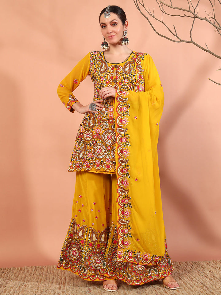Mustard Multi Color Thread & Mirror Embroidery Kurta Palazzo Set & Embellished Dupatta