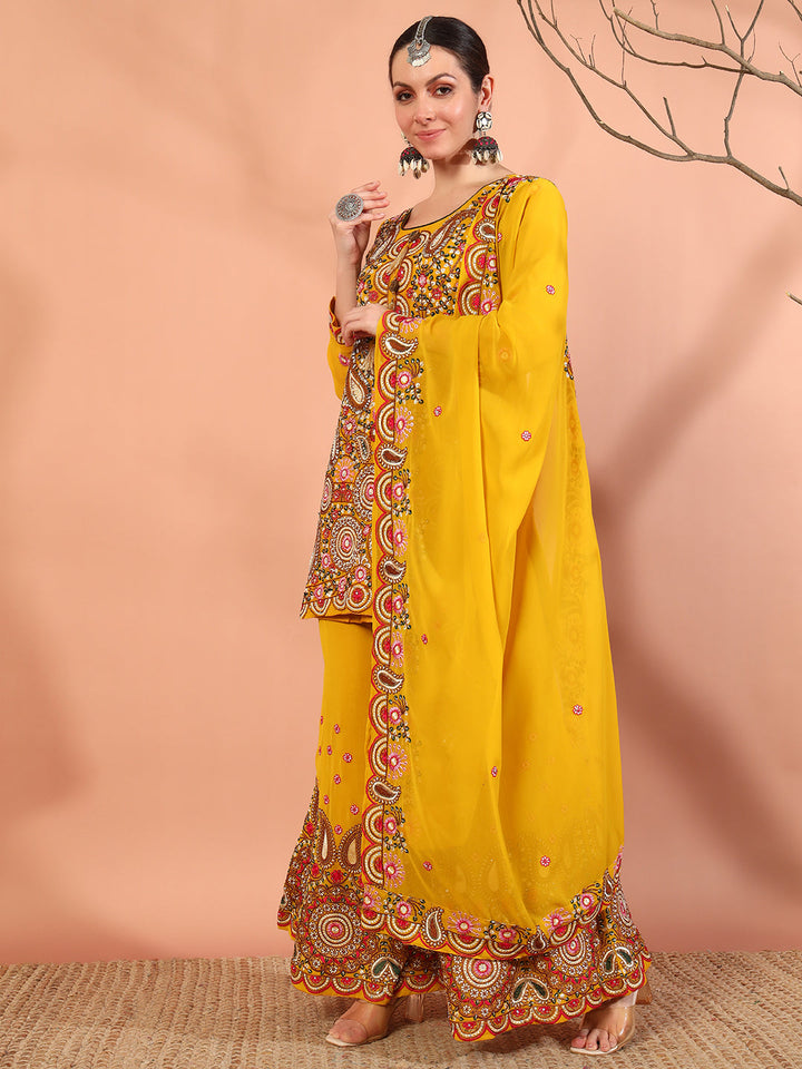 Mustard Multi Color Thread & Mirror Embroidery Kurta Palazzo Set & Embellished Dupatta