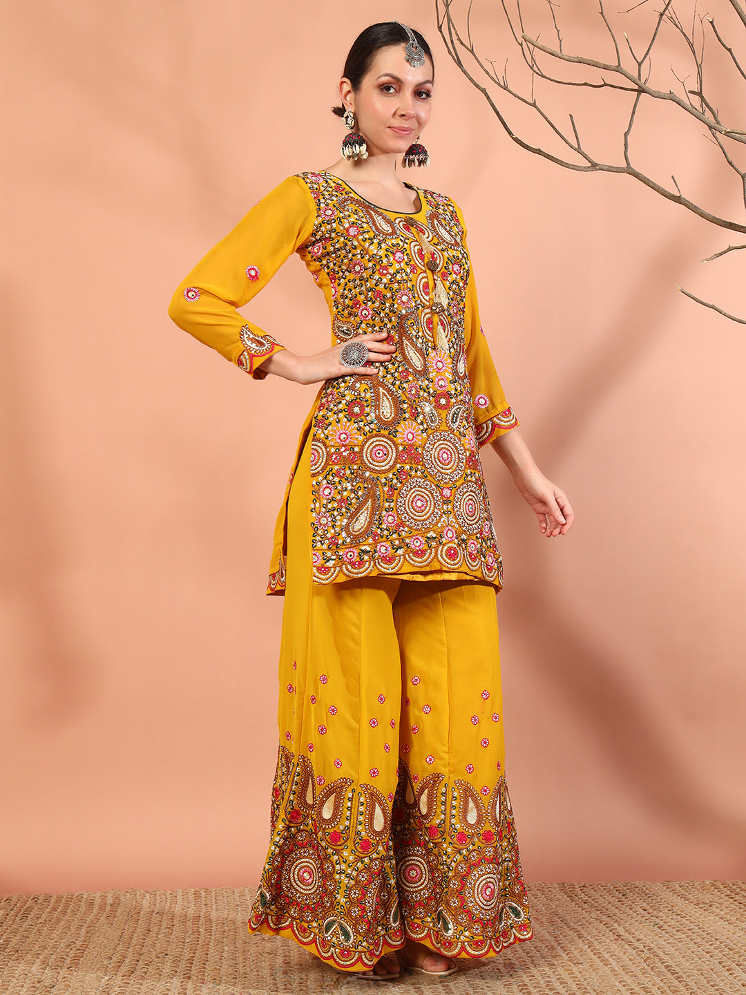 Mustard Multi Color Thread & Mirror Embroidery Kurta Palazzo Set & Embellished Dupatta