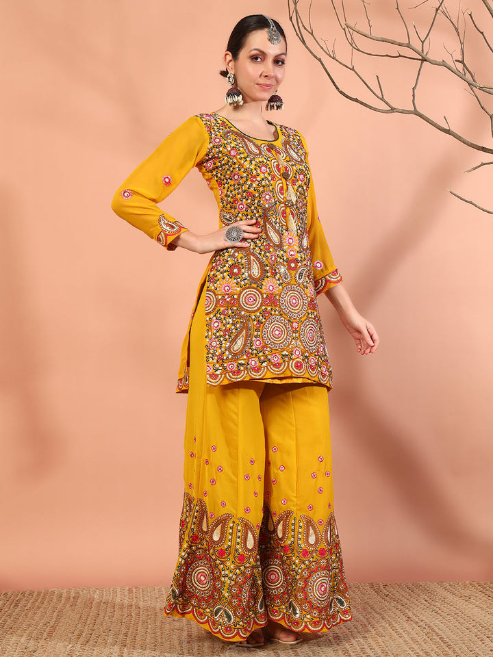 Mustard Multi Color Thread & Mirror Embroidery Kurta Palazzo Set & Embellished Dupatta
