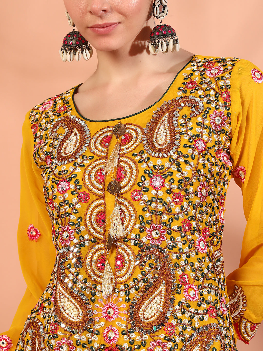 Mustard Multi Color Thread & Mirror Embroidery Kurta Palazzo Set & Embellished Dupatta