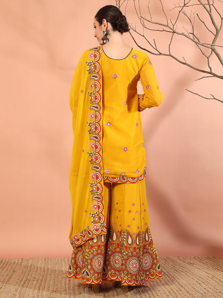 Mustard Multi Color Thread & Mirror Embroidery Kurta Palazzo Set & Embellished Dupatta