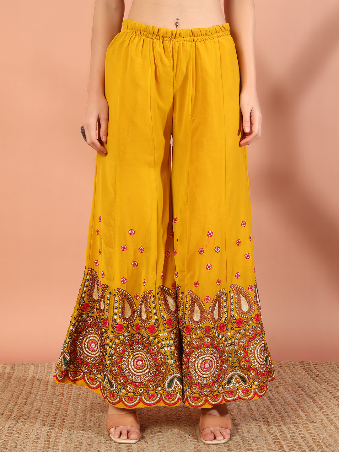 Mustard Multi Color Thread & Mirror Embroidery Kurta Palazzo Set & Embellished Dupatta