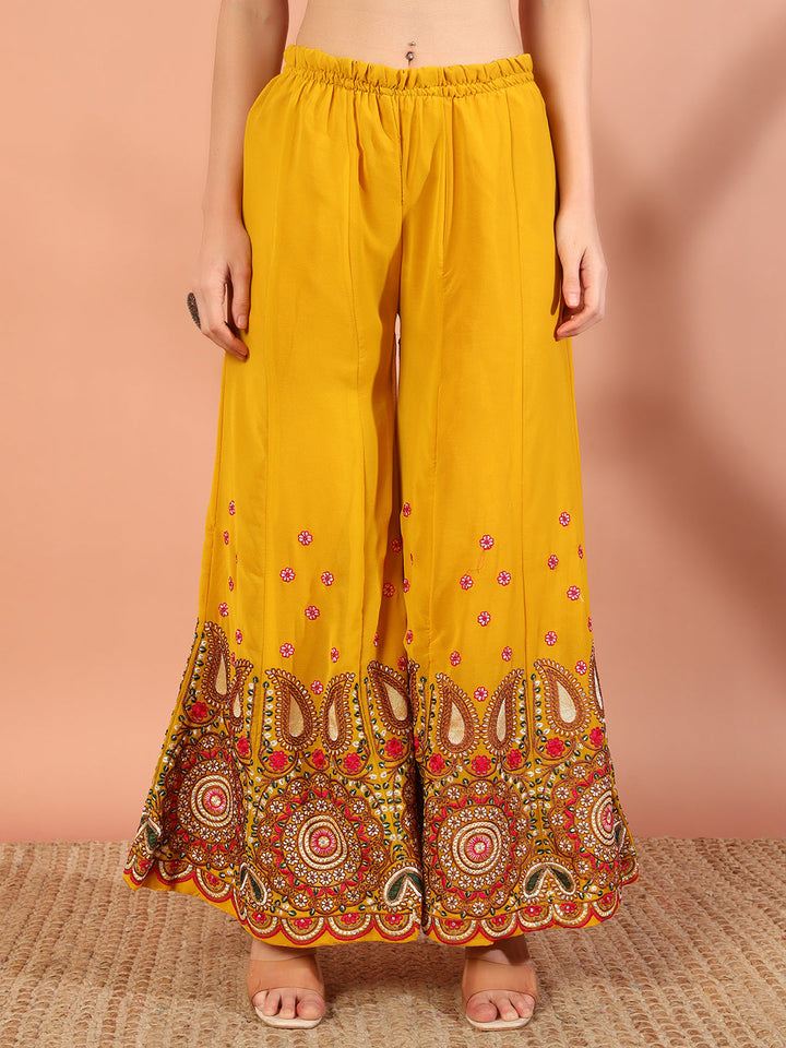 Mustard Multi Color Thread & Mirror Embroidery Kurta Palazzo Set & Embellished Dupatta