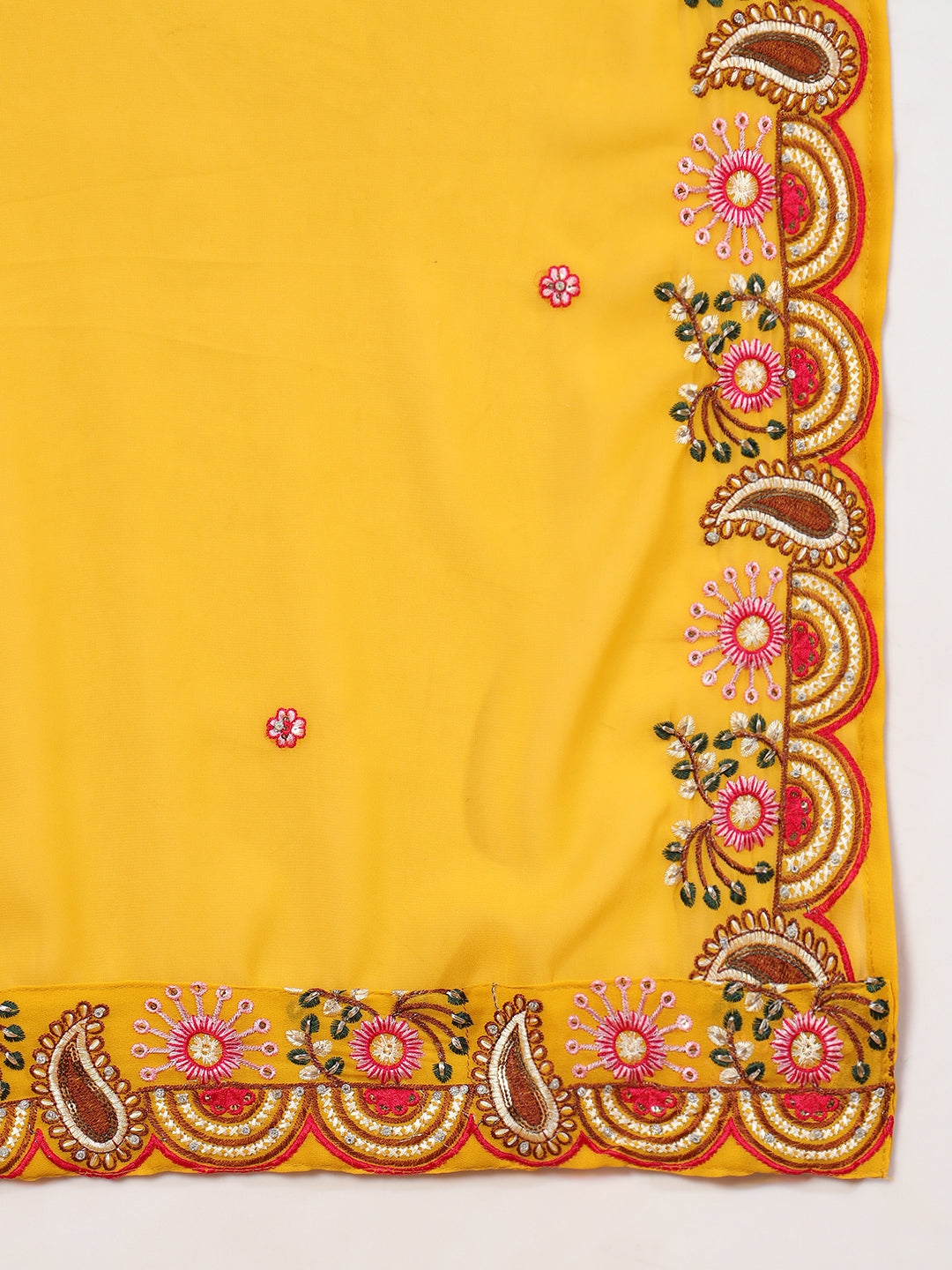 Mustard Multi Color Thread & Mirror Embroidery Kurta Palazzo Set & Embellished Dupatta