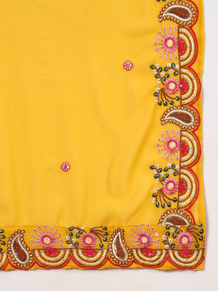 Mustard Multi Color Thread & Mirror Embroidery Kurta Palazzo Set & Embellished Dupatta