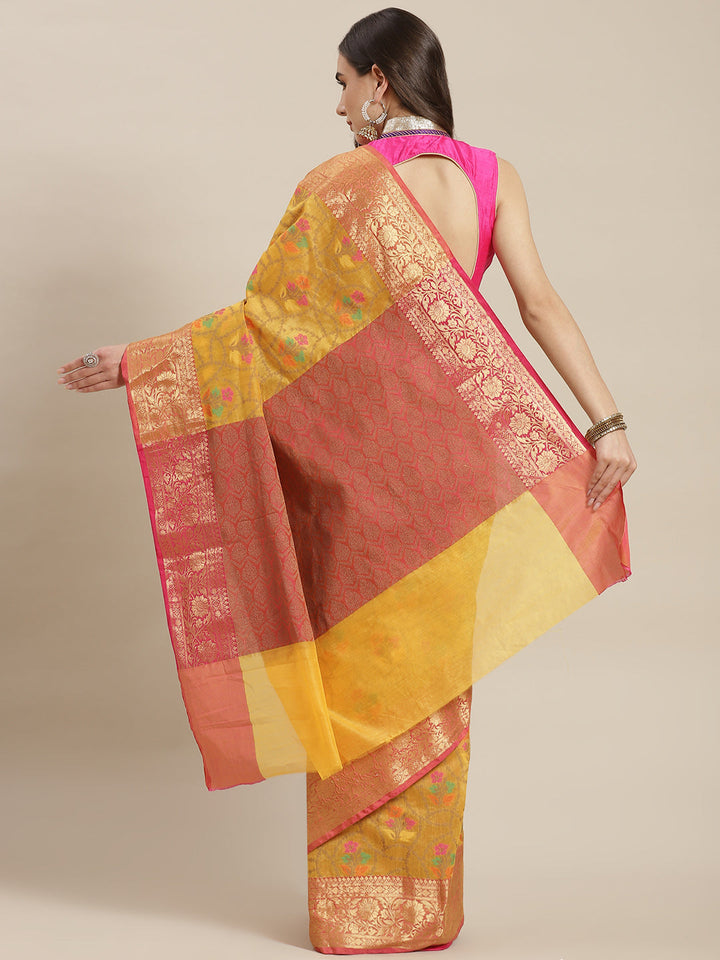 Mustard Banarasi Meenakari Handloom Saree With Resham & Golden Weaving