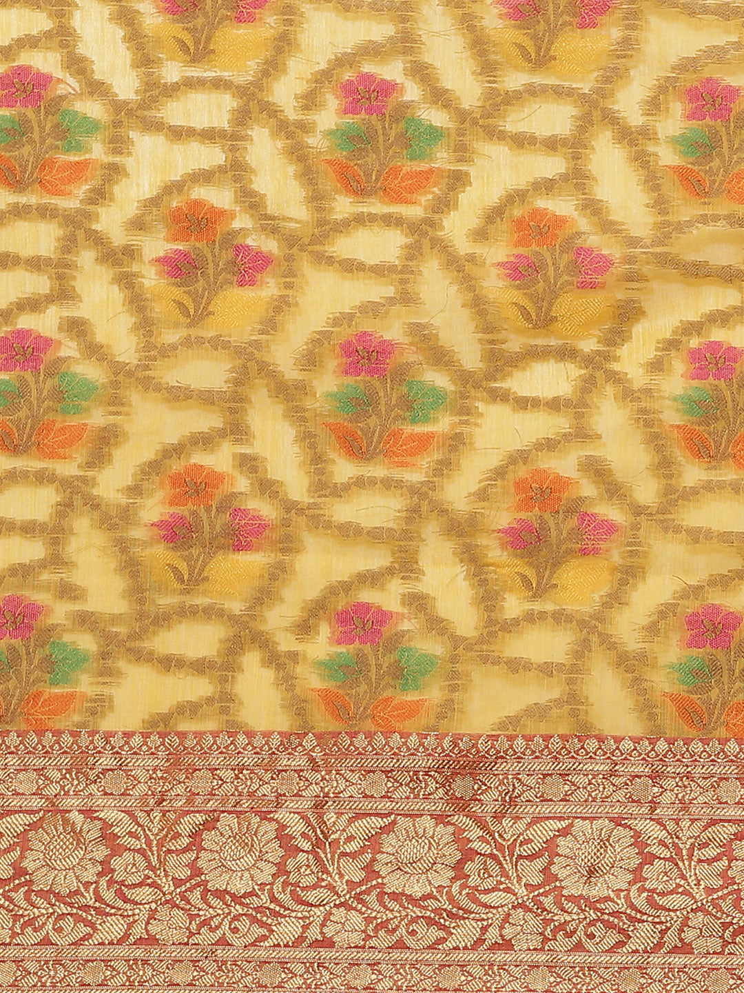 Mustard Banarasi Meenakari Handloom Saree With Resham & Golden Weaving