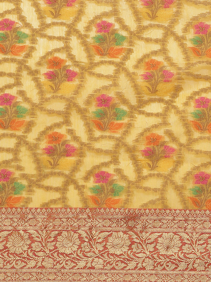 Mustard Banarasi Meenakari Handloom Saree With Resham & Golden Weaving