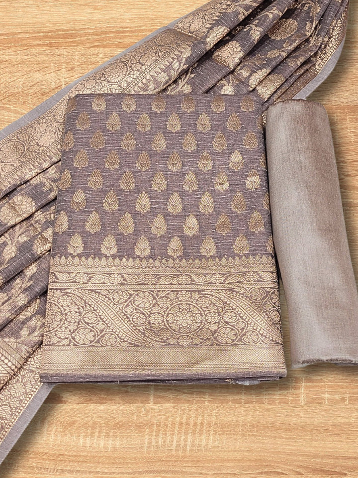 Banarasi Handloom Jute Silk Dress Material with Slub Weave & Tasseled Dupatta