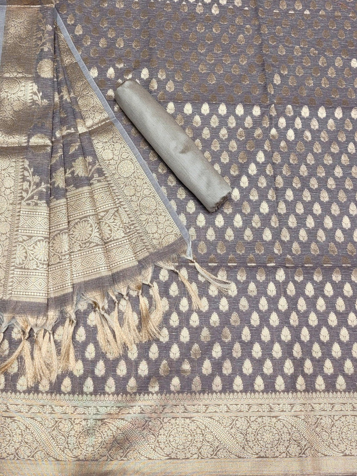 Banarasi Handloom Jute Silk Dress Material with Slub Weave & Tasseled Dupatta