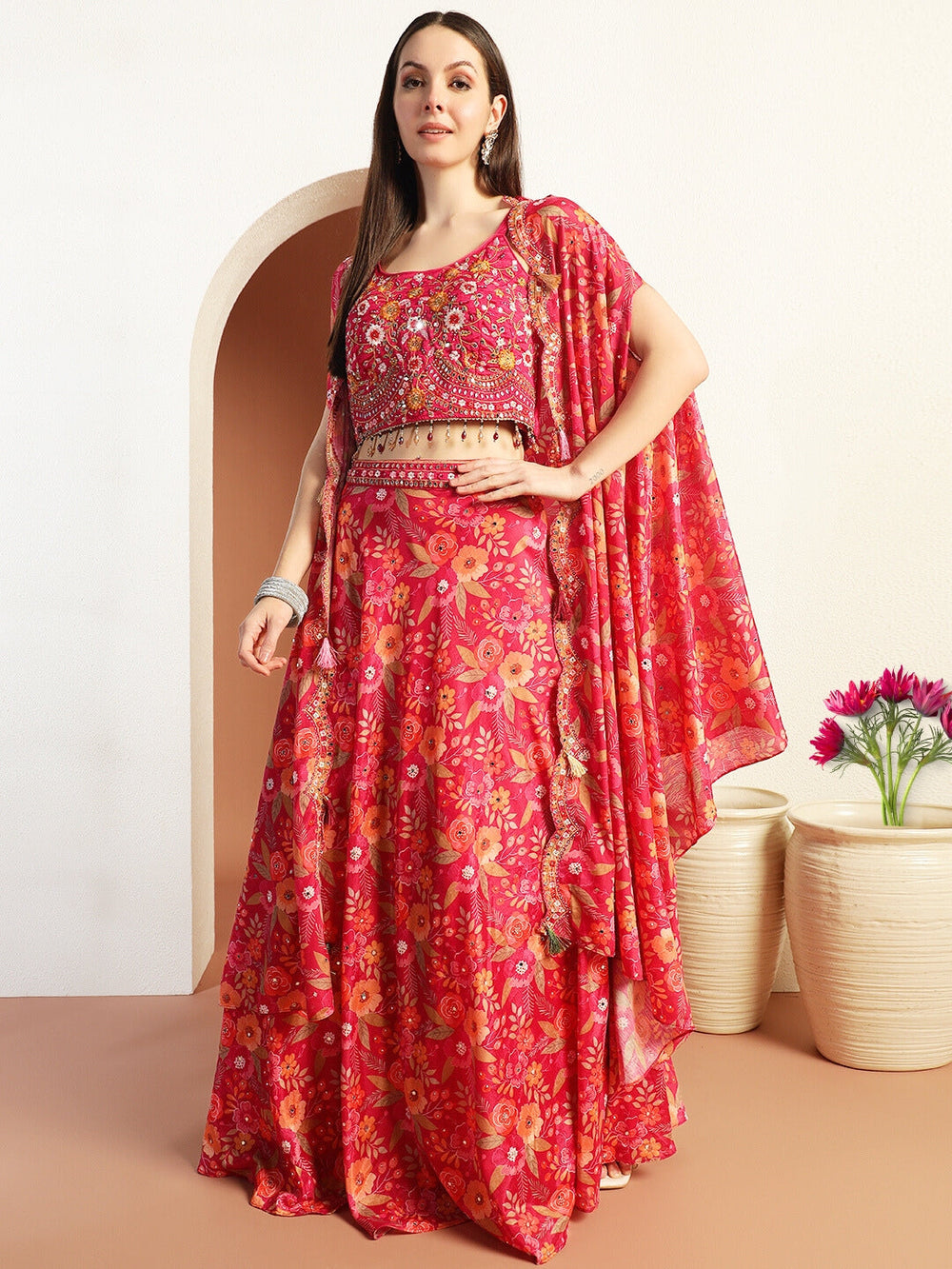 Chhabra 555 Floral Digital Printed Crepe Silk Lehenga Set with Embellished Cape & Resham Embroidery