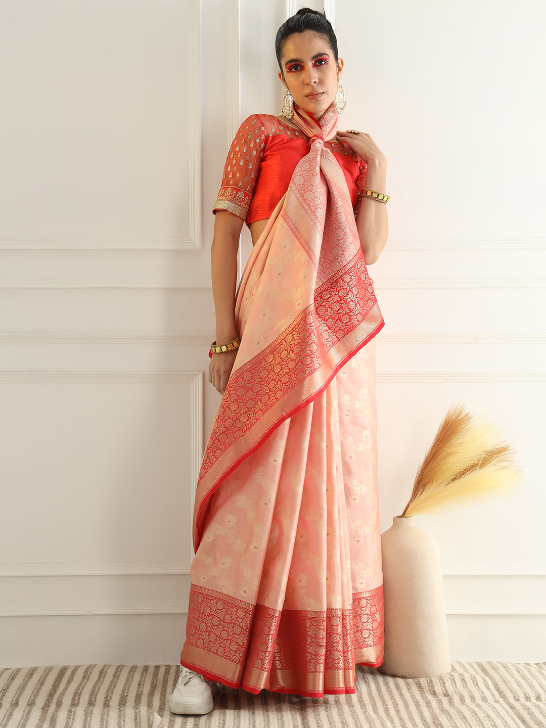 Colorblocked Banarasi Silk Saree with Meenakari Zari Floral Motifs