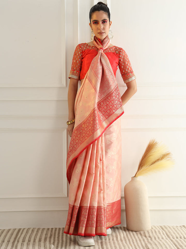 Colorblocked Banarasi Silk Saree with Meenakari Zari Floral Motifs