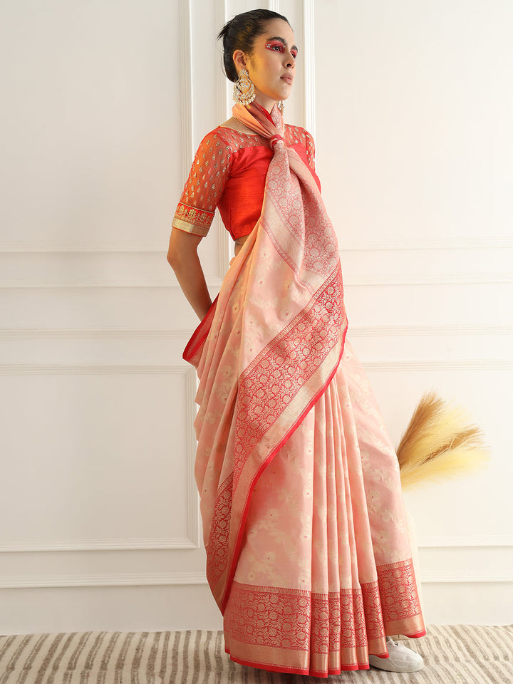 Colorblocked Banarasi Silk Saree with Meenakari Zari Floral Motifs