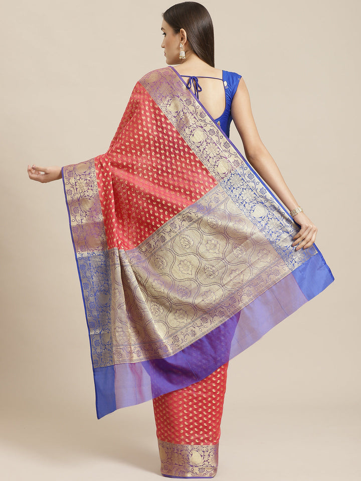 Rose Pink Handloom Chanderi Saree with Paisleys Weaving & Contrast Purple Border, Blouse