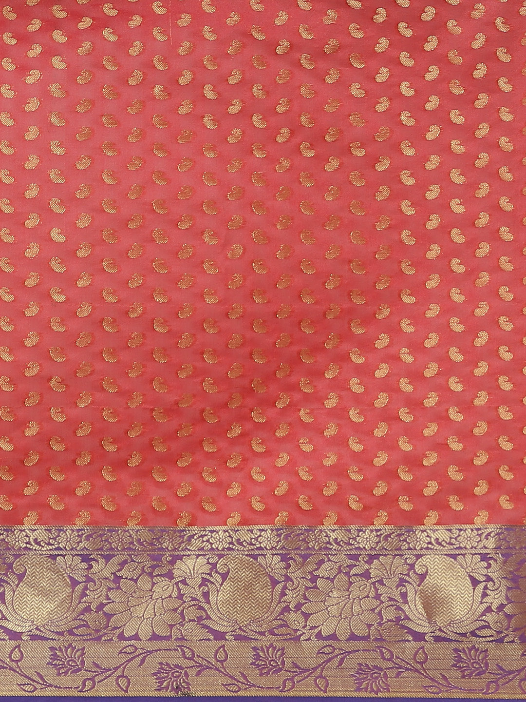 Rose Pink Handloom Chanderi Saree with Paisleys Weaving & Contrast Purple Border, Blouse