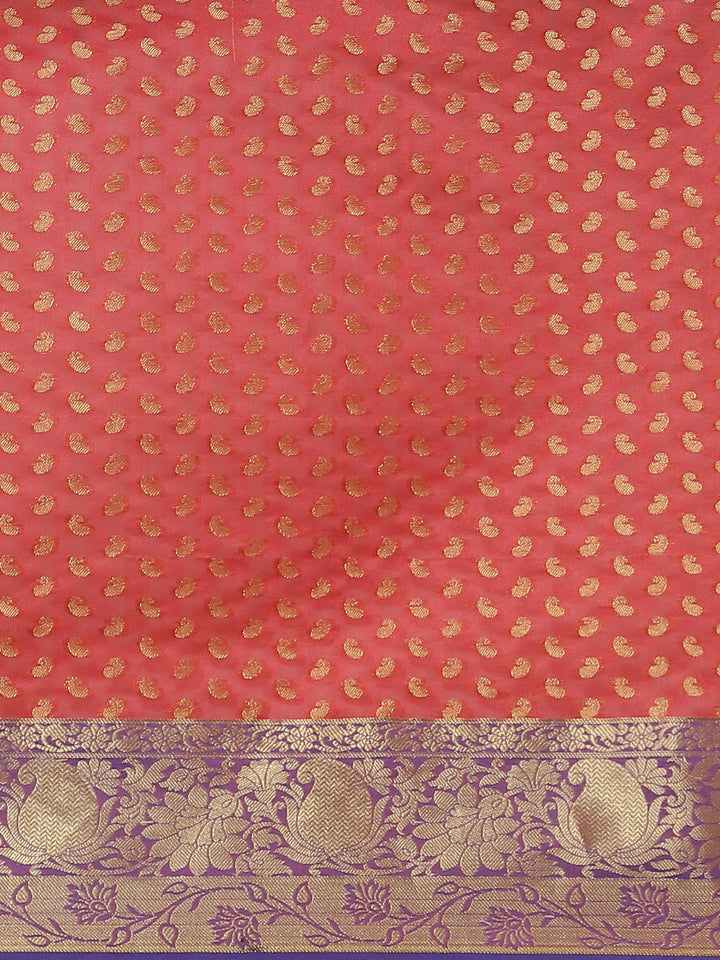 Rose Pink Handloom Chanderi Saree with Paisleys Weaving & Contrast Purple Border, Blouse