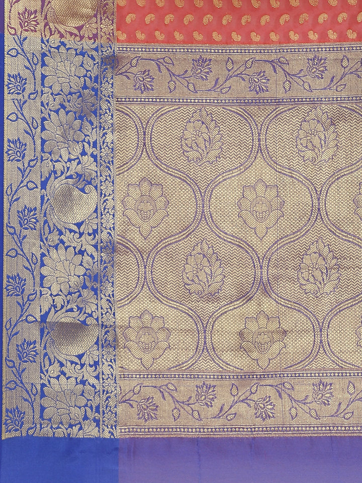 Rose Pink Handloom Chanderi Saree with Paisleys Weaving & Contrast Purple Border, Blouse