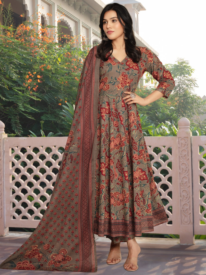 Floral Print Angrakha Summer Suit with Flared Hemline & Ajrak Print Dupatta
