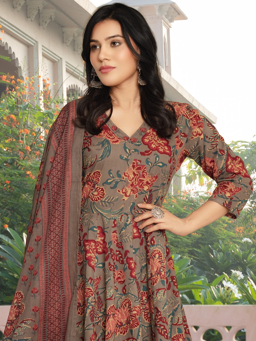 Floral Print Angrakha Summer Suit with Flared Hemline & Ajrak Print Dupatta