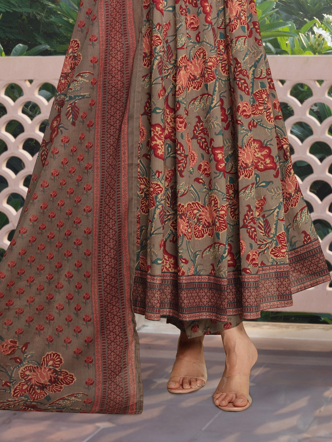 Floral Print Angrakha Summer Suit with Flared Hemline & Ajrak Print Dupatta