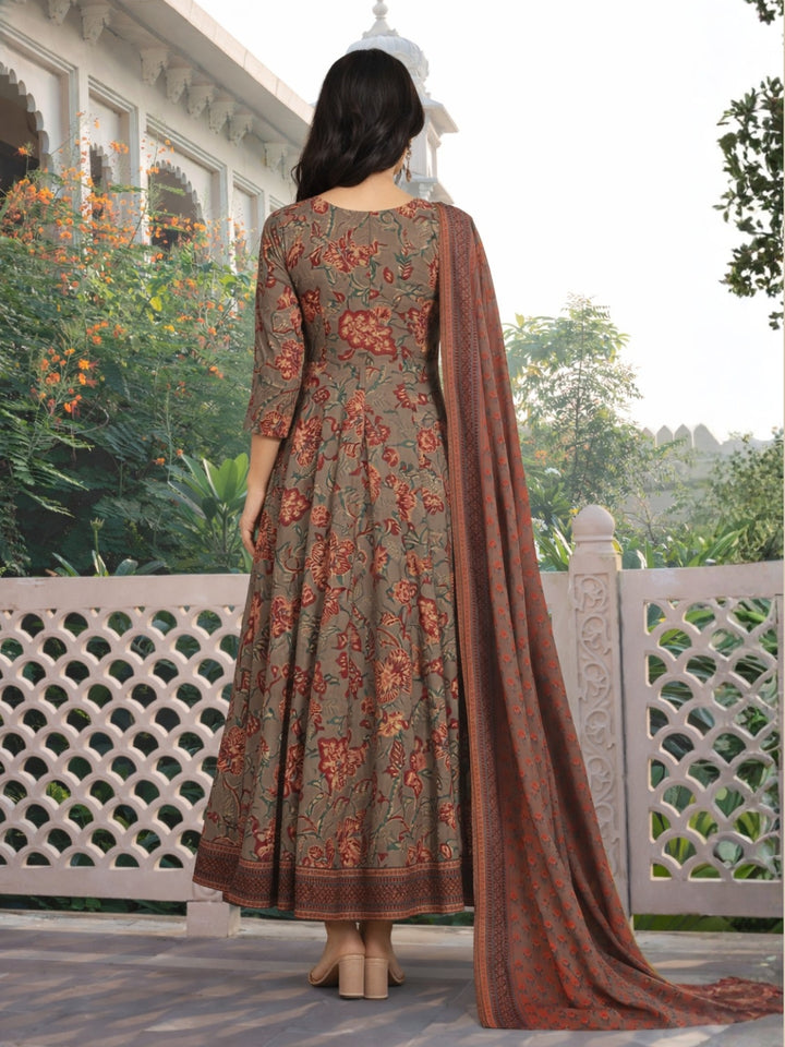 Floral Print Angrakha Summer Suit with Flared Hemline & Ajrak Print Dupatta