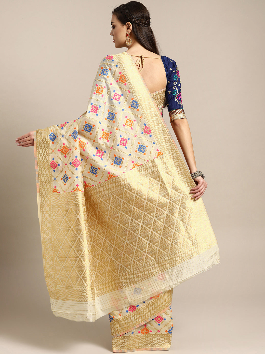 Mysore Silk Saree with Zari Weaving and Ikat Inspired Resham Pattern