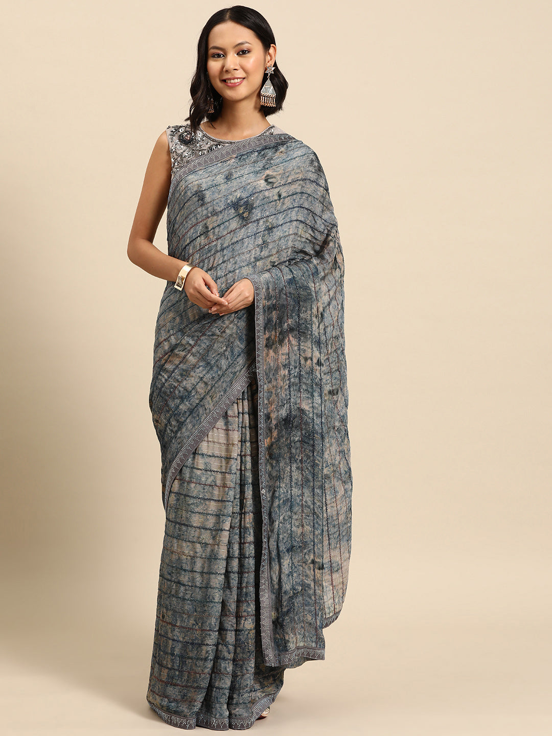 Cream Blue Batik Print Saree With Crystal Border & thread Embroidery