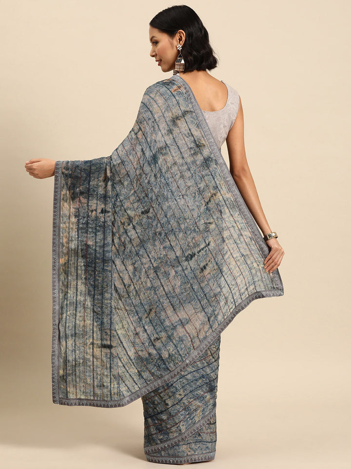 Cream Blue Batik Print Saree With Crystal Border & thread Embroidery