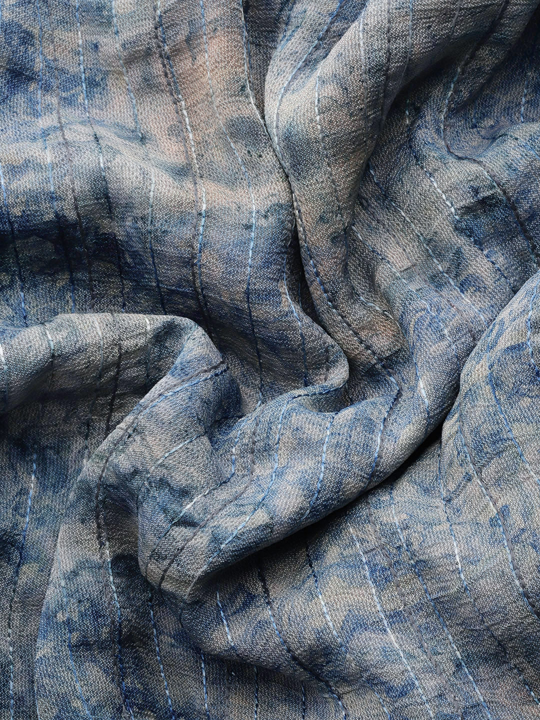 Cream Blue Batik Print Saree With Crystal Border & thread Embroidery