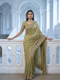 Olive Green Sequin Embroidered Silk Saree with Scalloped Border and Blouse Piece