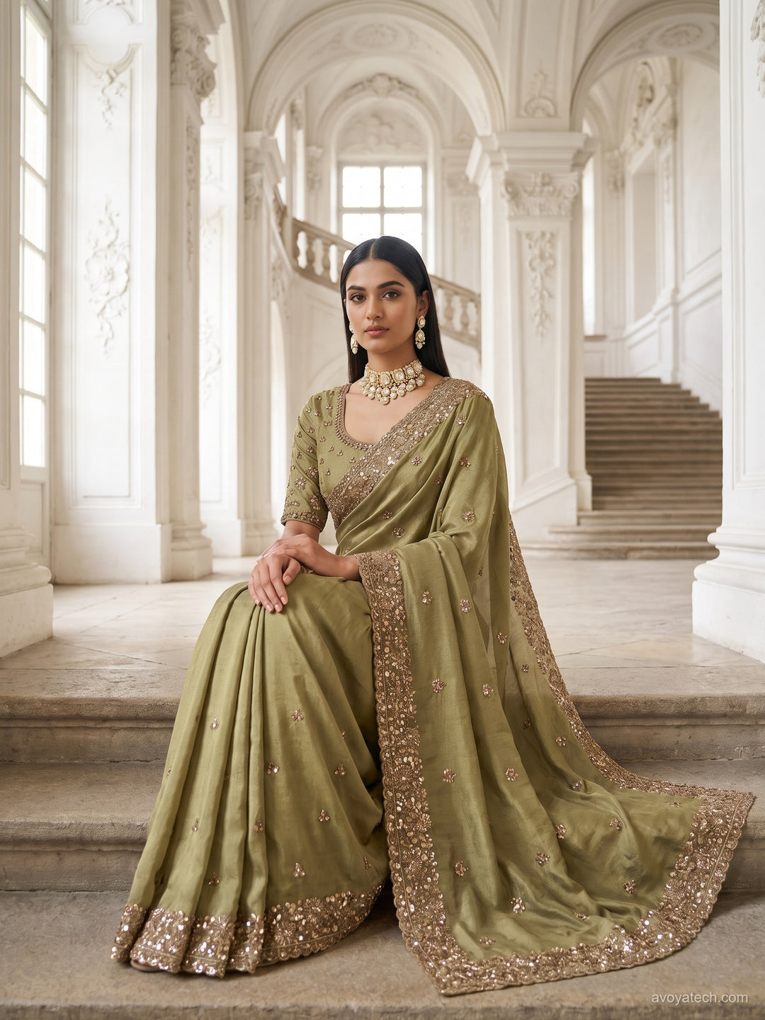 Olive Green Sequin Embroidered Silk Saree with Scalloped Border and Blouse Piece
