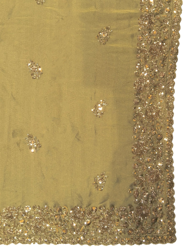 Olive Green Sequin Embroidered Silk Saree with Scalloped Border and Blouse Piece