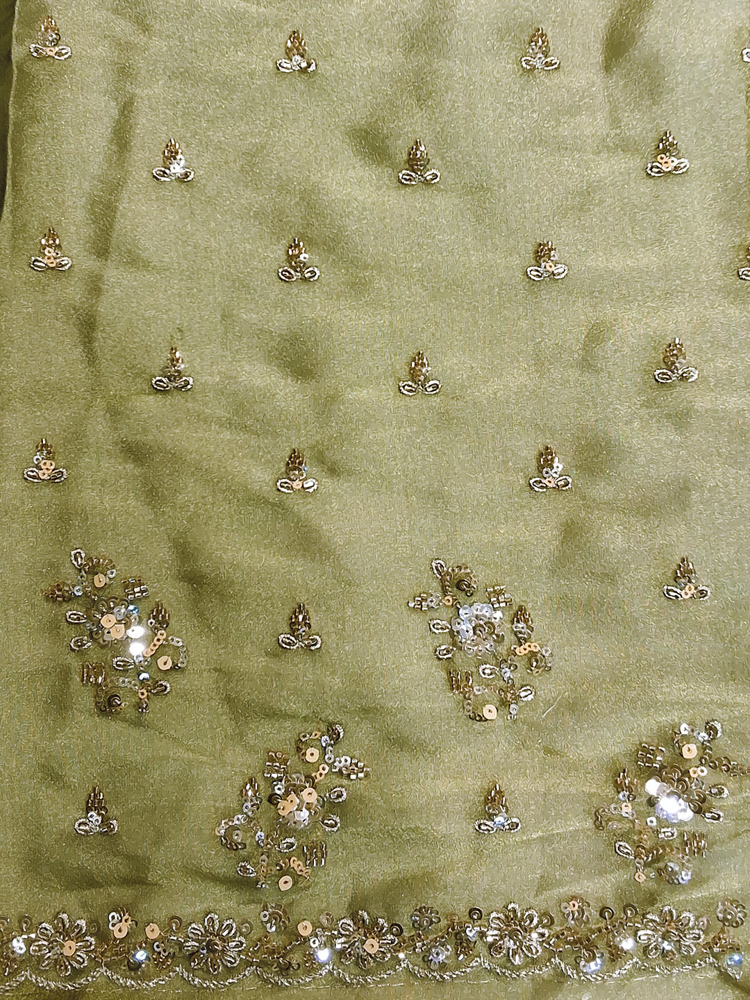 Olive Green Sequin Embroidered Silk Saree with Scalloped Border and Blouse Piece