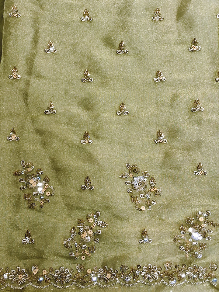 Olive Green Sequin Embroidered Silk Saree with Scalloped Border and Blouse Piece