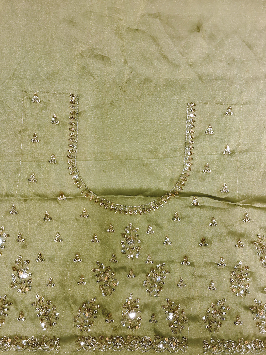 Olive Green Sequin Embroidered Silk Saree with Scalloped Border and Blouse Piece
