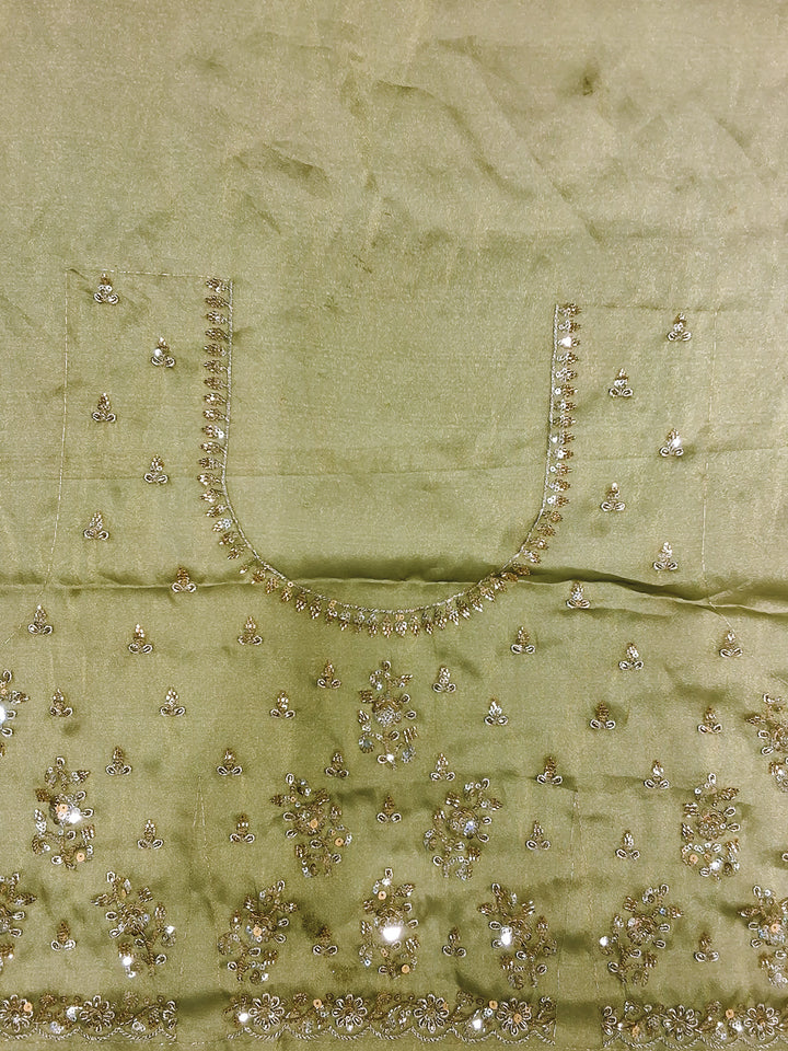 Olive Green Sequin Embroidered Silk Saree with Scalloped Border and Blouse Piece
