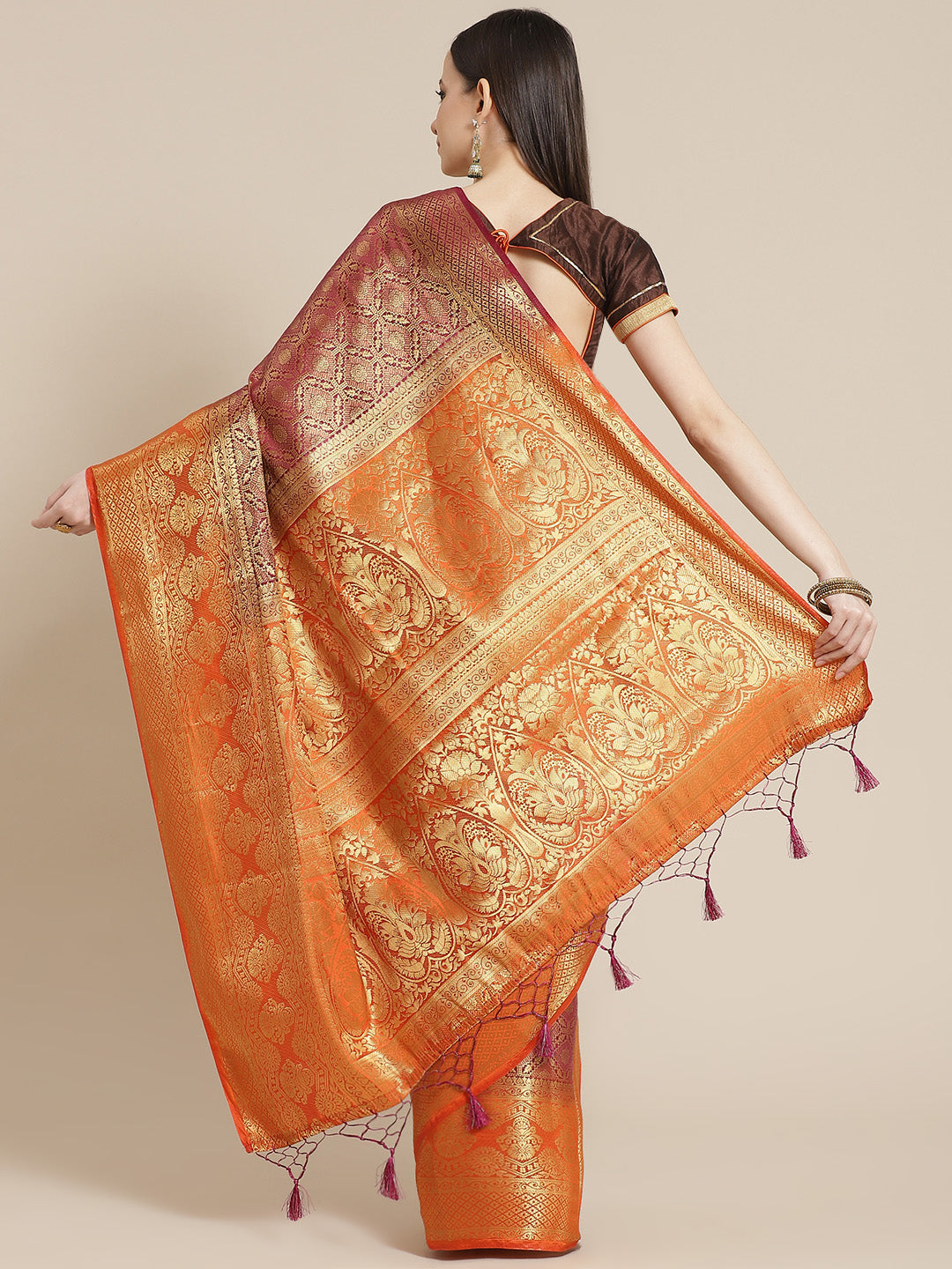 Burgundy Brocade Banarasi Golden Weaving Embellished TraditionalSaree