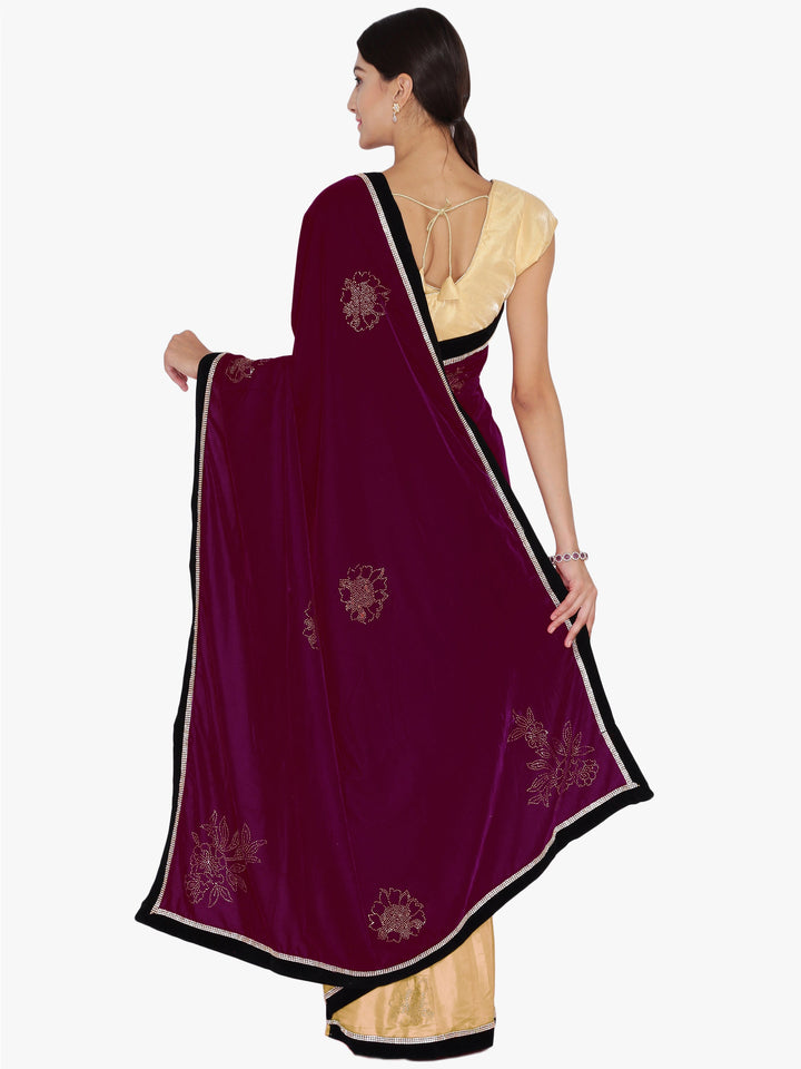 Burgundy and Gold Velvet Saree with Crystal Embroidery
