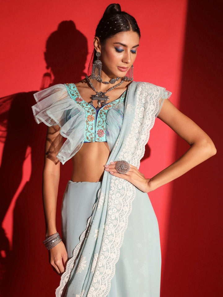 Pastel Resham Thread Embroidered & Crystal Embellished Saree